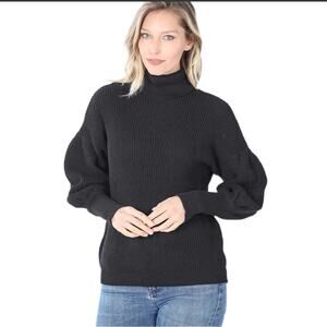 Zenana Puff Sleeve Turtleneck Sweater-Charcoal (X-Large)